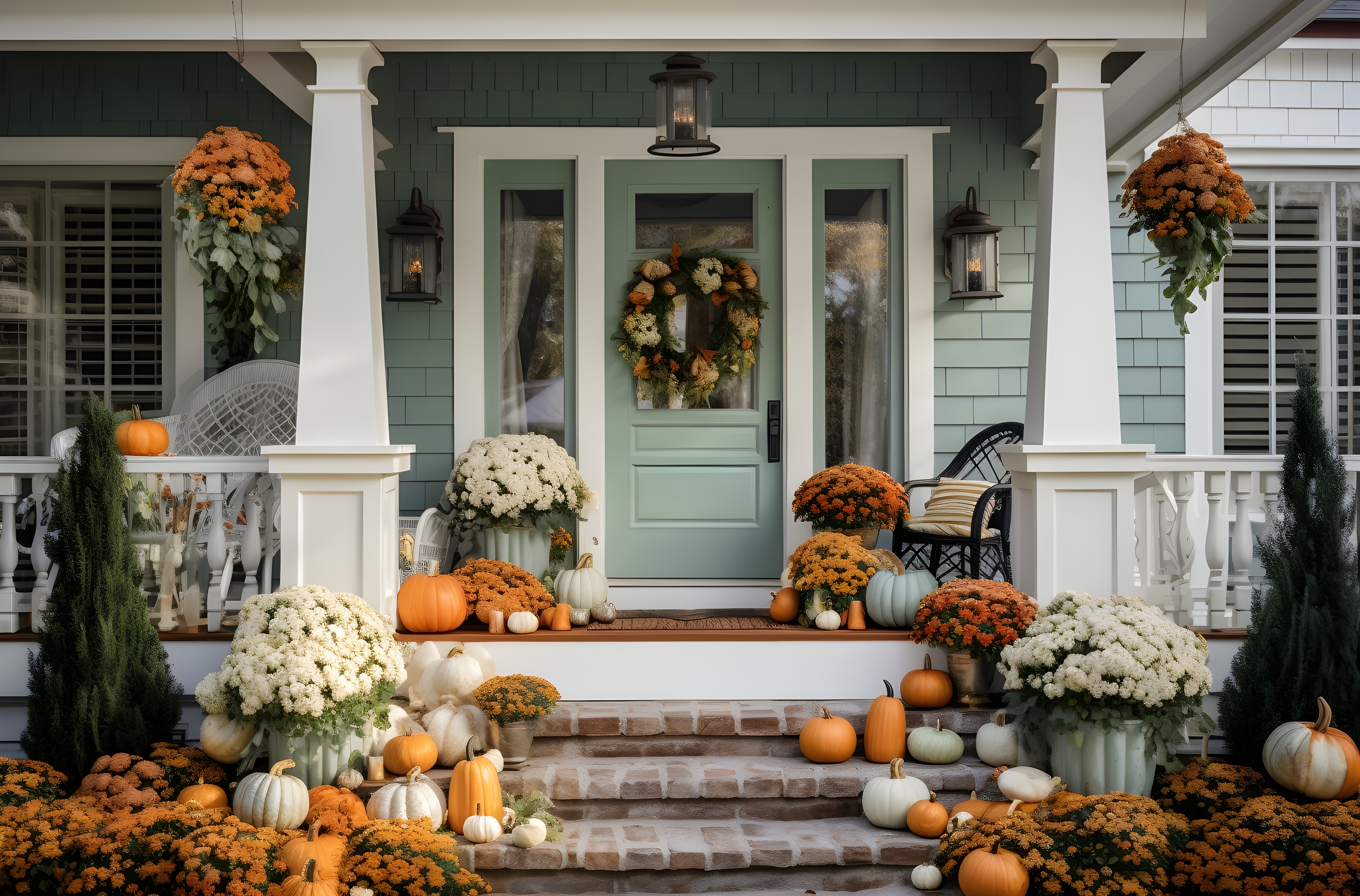 Sage cottage porch with mums and heirloom pumpkins