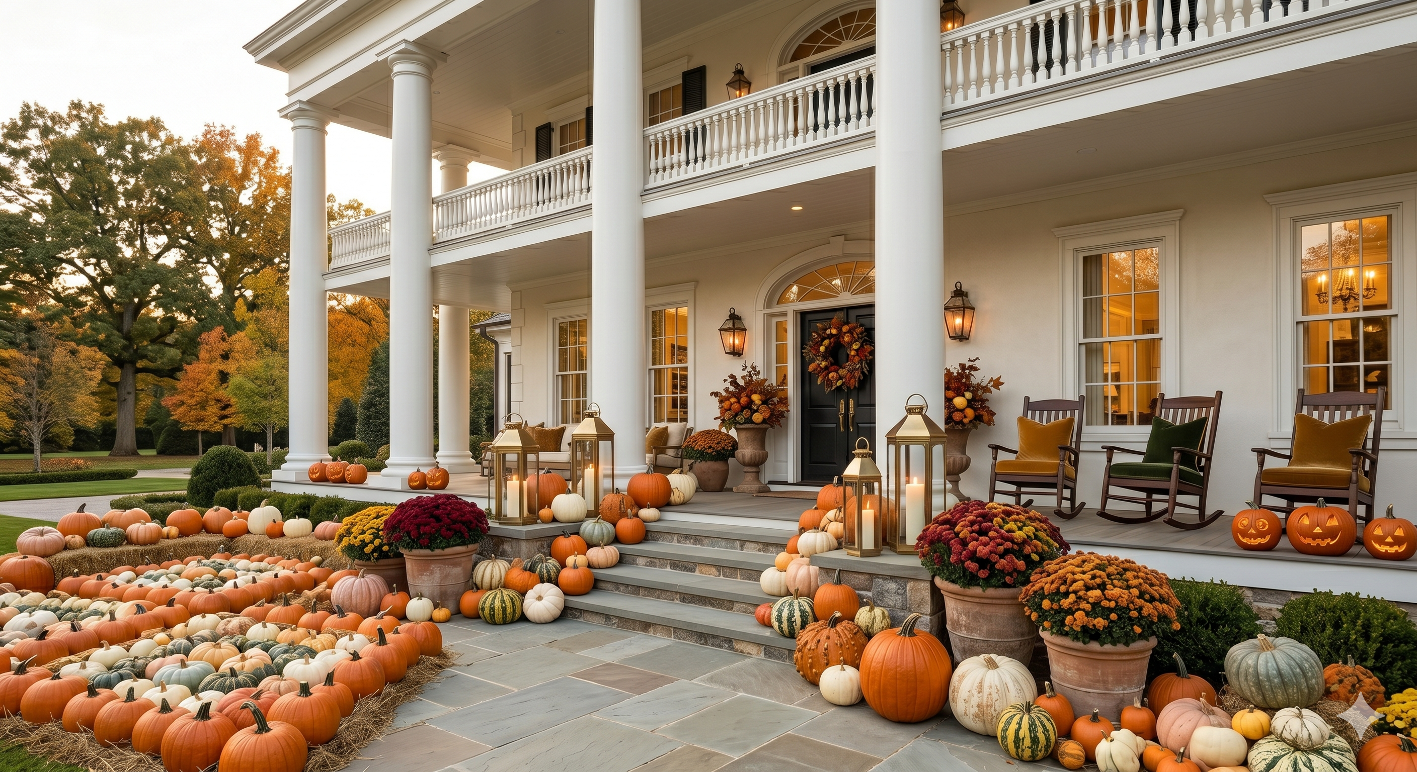 Columned estate entrance with grand pumpkin display