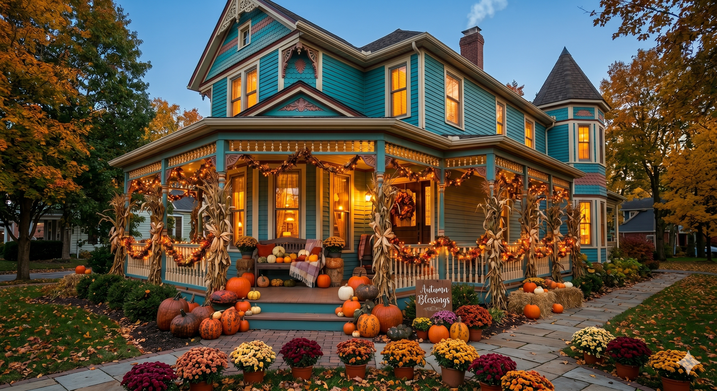 Victorian home with autumn garland and pumpkins