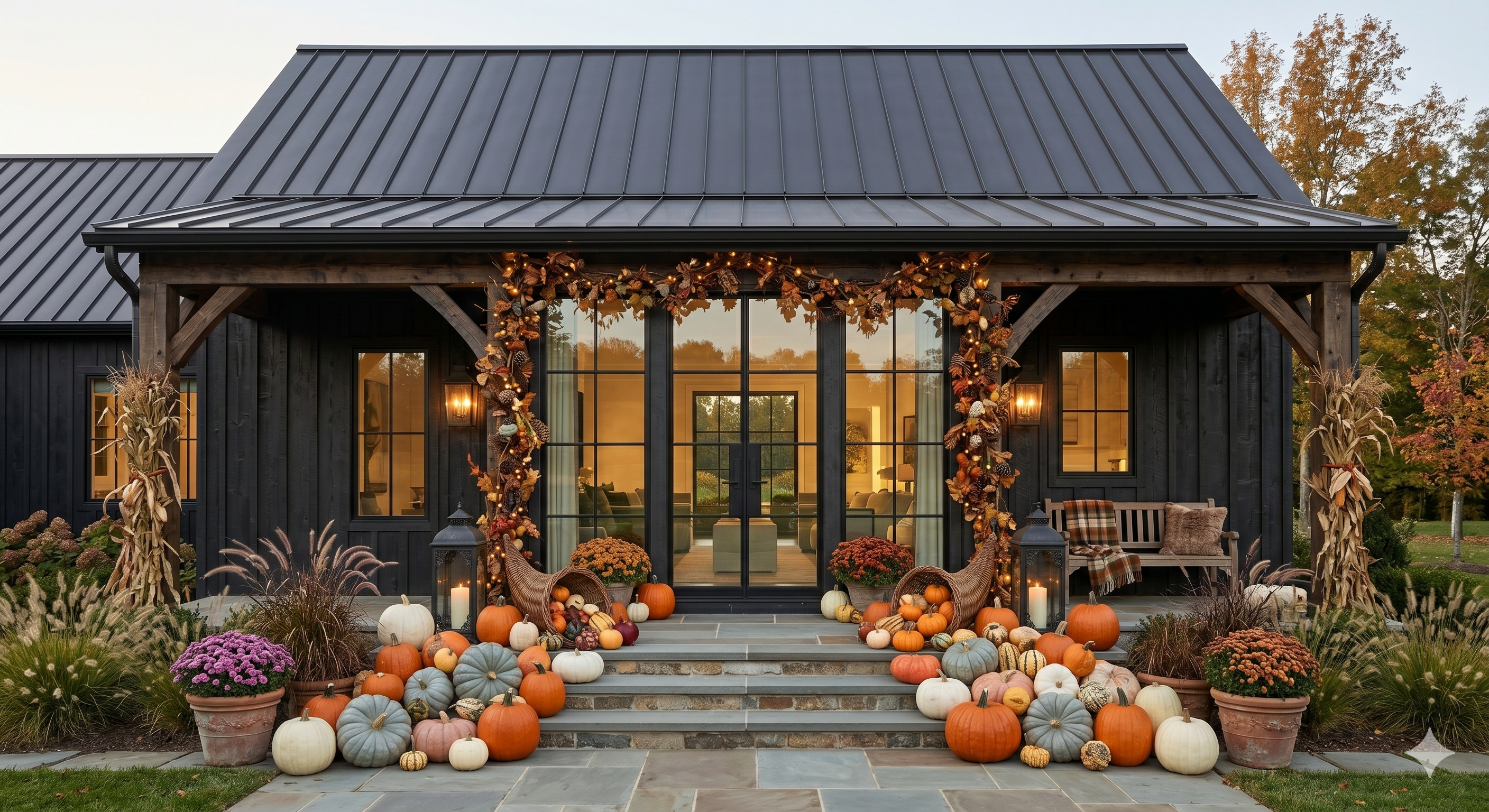 Modern black farmhouse with curated fall display